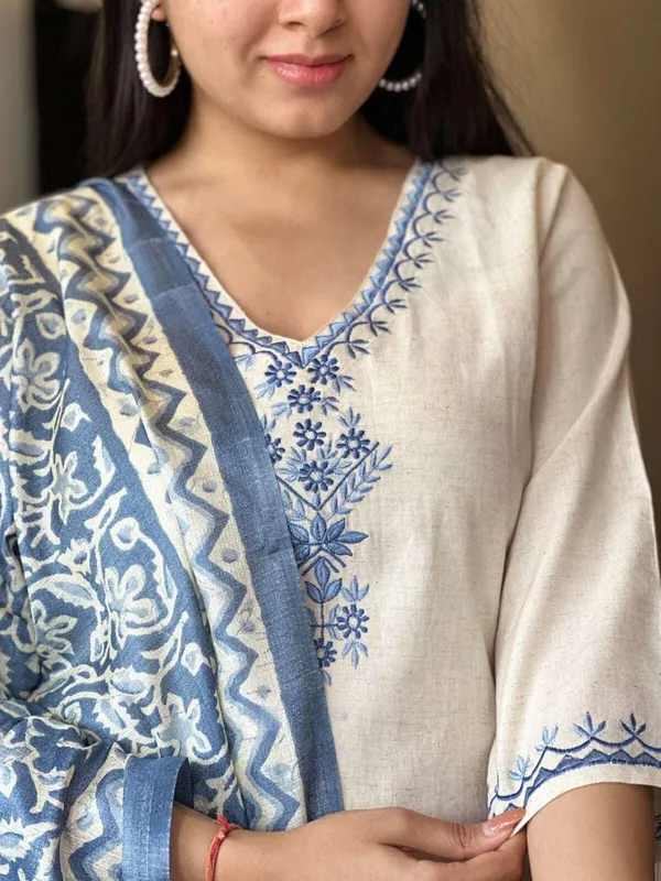 White_Cotton_Regular_Embroidered_Straight_Kurti_With_Pant_Dupatta_Set_For_Women