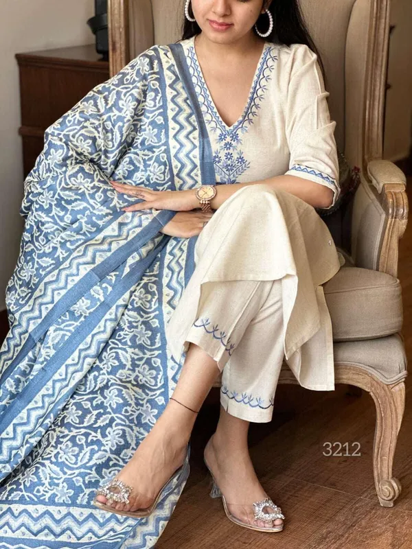 White_Cotton_Regular_Embroidered_Straight_Kurti_With_Pant_Dupatta_Set_For_Women