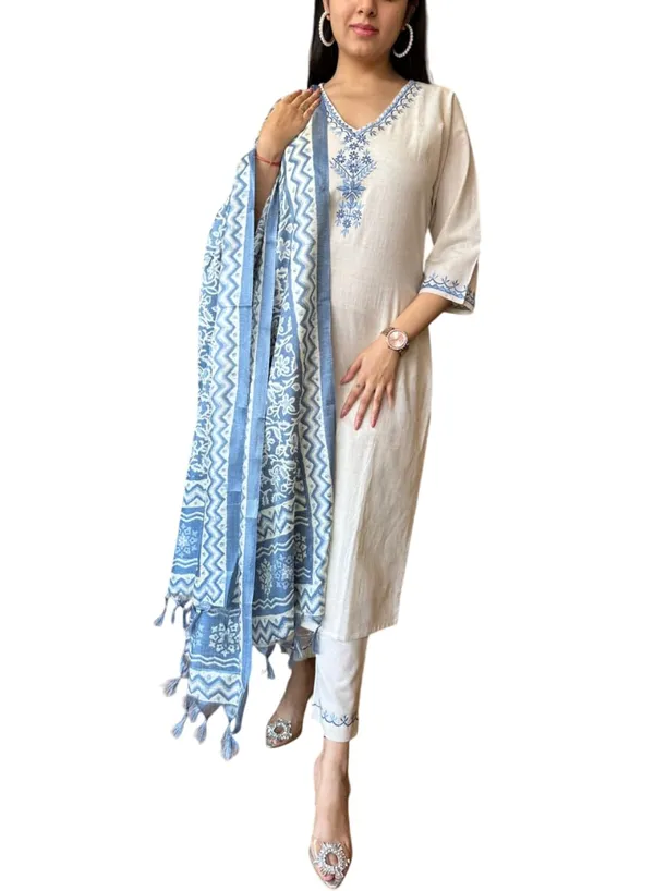 White_Cotton_Regular_Embroidered_Straight_Kurti_With_Pant_Dupatta_Set_For_Women