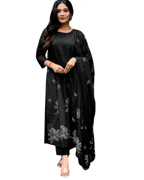 Black_Cotton_Regular_Floral_Printed_Straight_Kurti_With_Pant_Dupatta_For_Women