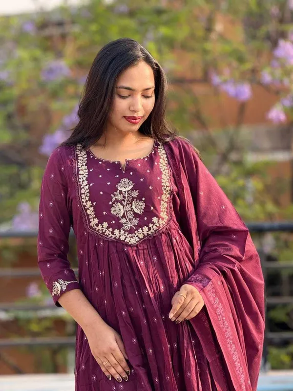 Purple_Cotton_Regular_Printed_Anarkali_Kurti_With_Pant_Dupatta_Set_For_Women
