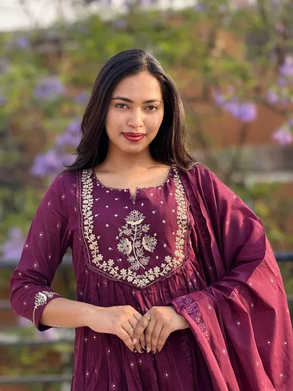 Purple_Cotton_Regular_Printed_Anarkali_Kurti_With_Pant_Dupatta_Set_For_Women