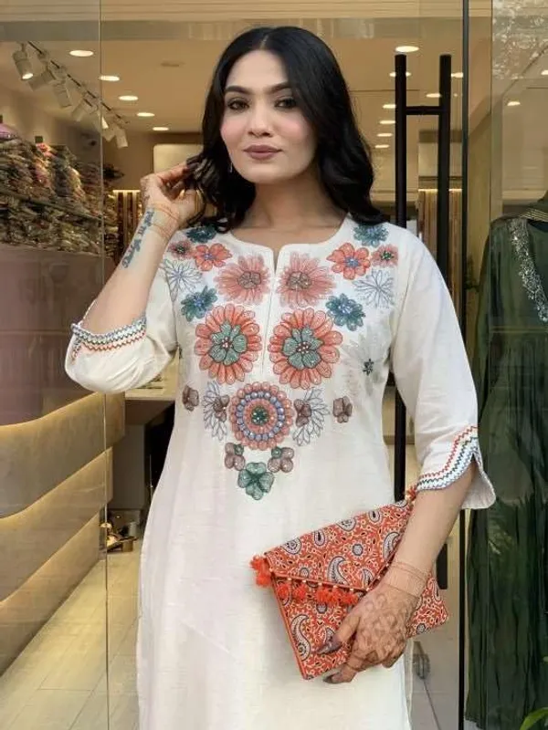 White_Cotton_Regular_Floral_Printed_Straight_Kurti_With_Pant_Set_For_Women
