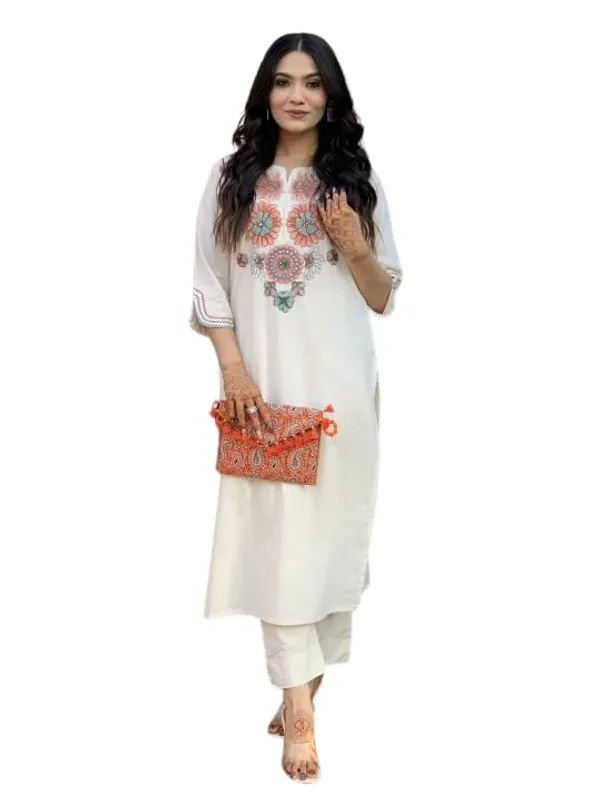 White_Cotton_Regular_Floral_Printed_Straight_Kurti_With_Pant_Set_For_Women