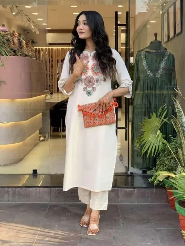 White_Cotton_Regular_Floral_Printed_Straight_Kurti_With_Pant_Set_For_Women