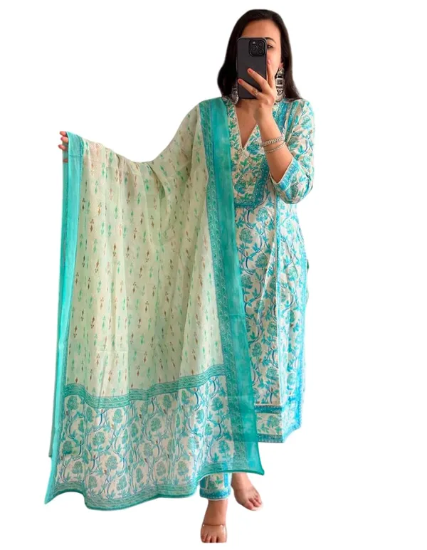 Green_Cotton_Regular_Printed_Anarkali_Kurti_Set_With_Pant_Dupatta_For_Women