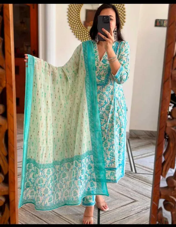 Green_Cotton_Regular_Printed_Anarkali_Kurti_Set_With_Pant_Dupatta_For_Women