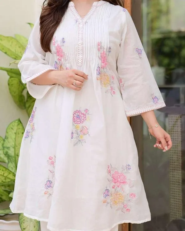 White_Cotton_Printed_A_Line_Kurti_Pant_Dupatta_Set_For_Women