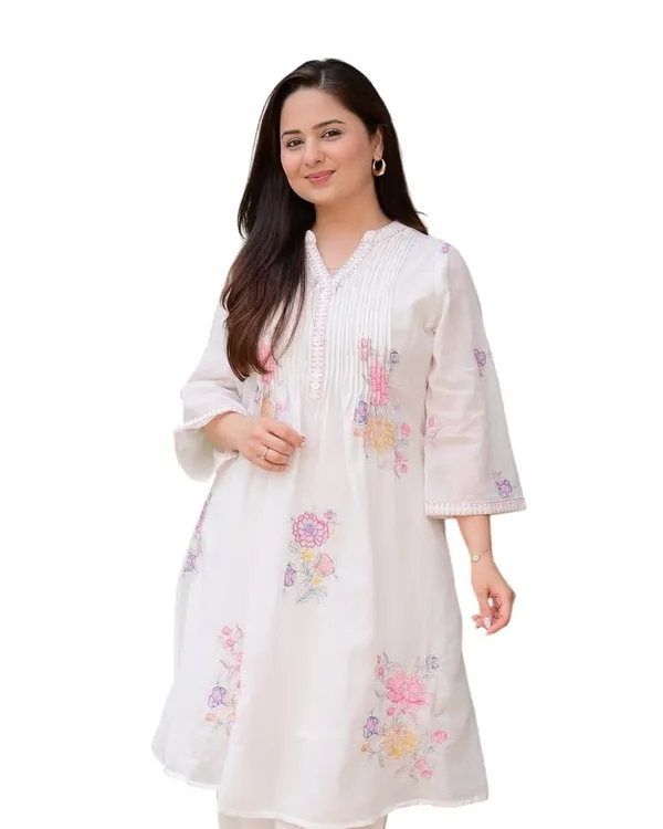 White_Cotton_Printed_A_Line_Kurti_Pant_Dupatta_Set_For_Women