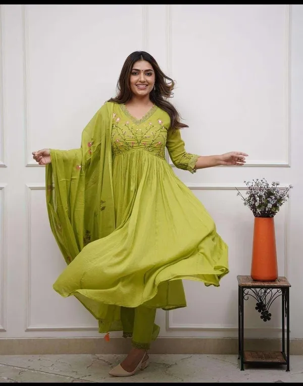 Mehendi_Cotton_Printed_Anarkali_Kurti_With_Pant_Set_For_Women