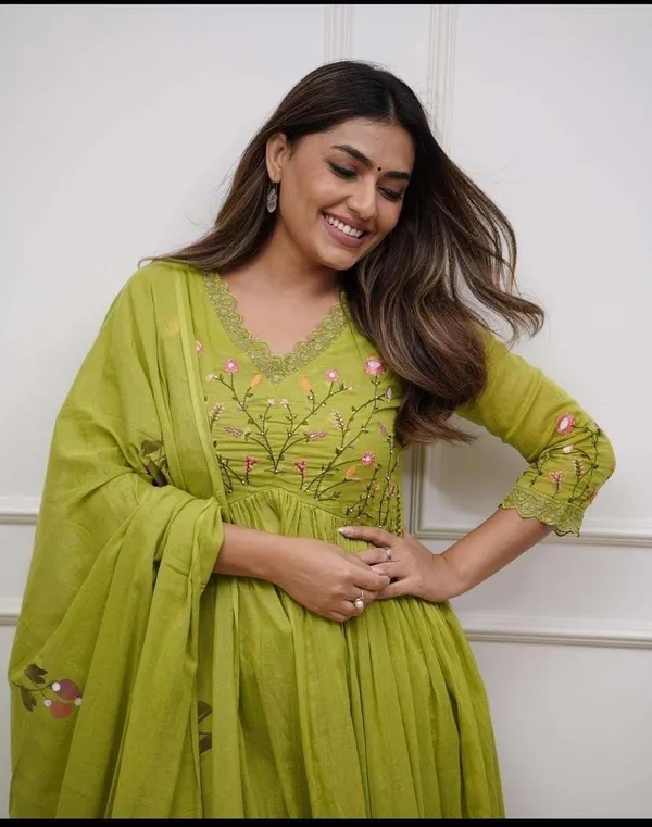 Mehendi_Cotton_Printed_Anarkali_Kurti_With_Pant_Set_For_Women