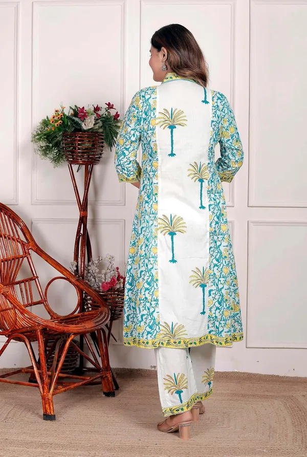 White_Aqua_Blue_Cotton_Regular_Printed_Kurti_Set_For_Women