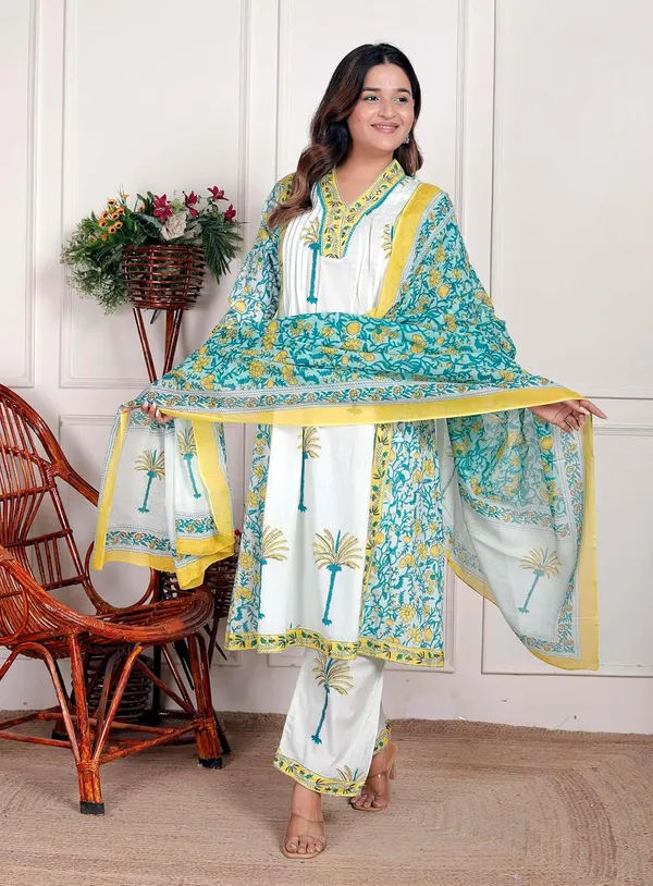 White_Aqua_Blue_Cotton_Regular_Printed_Kurti_Set_For_Women