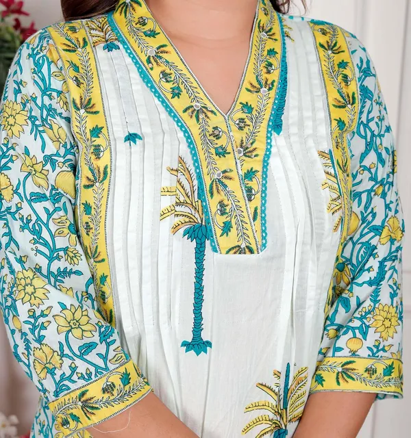 White_Aqua_Blue_Cotton_Regular_Printed_Kurti_Set_For_Women