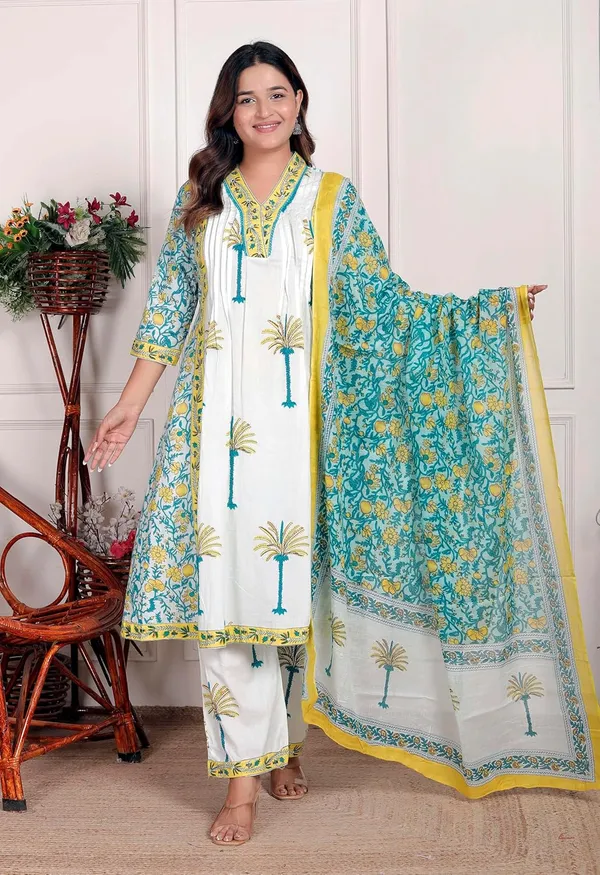 White_Aqua_Blue_Cotton_Regular_Printed_Kurti_Set_For_Women