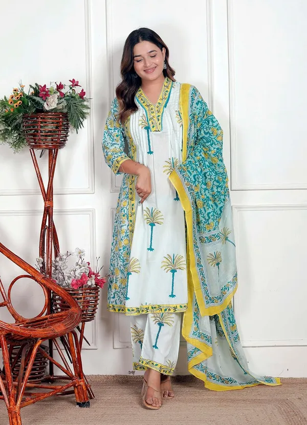 White_Aqua_Blue_Cotton_Regular_Printed_Kurti_Set_For_Women
