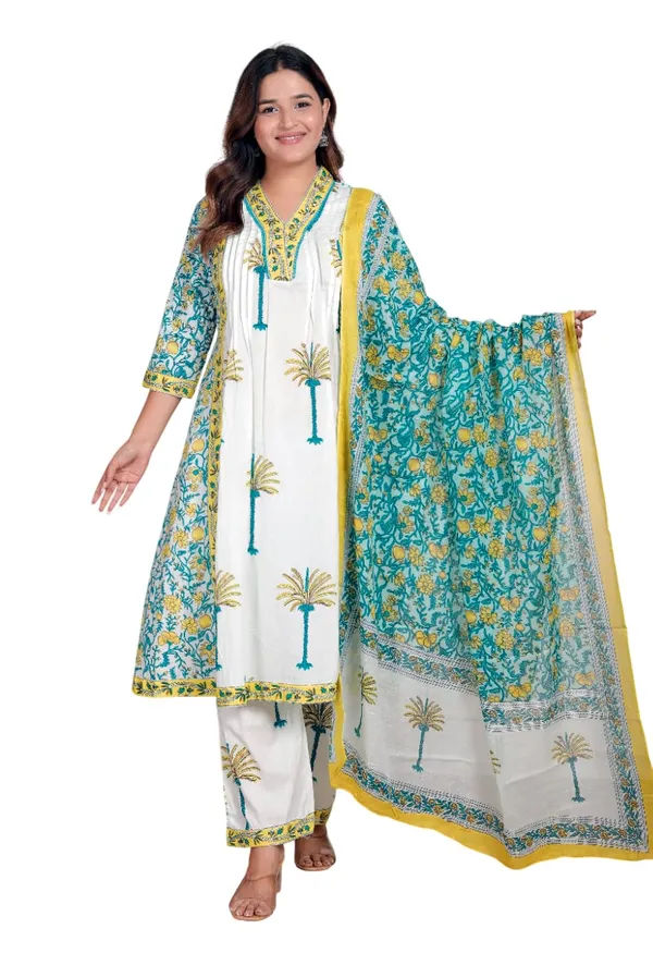 White_Aqua_Blue_Cotton_Regular_Printed_Kurti_Set_For_Women