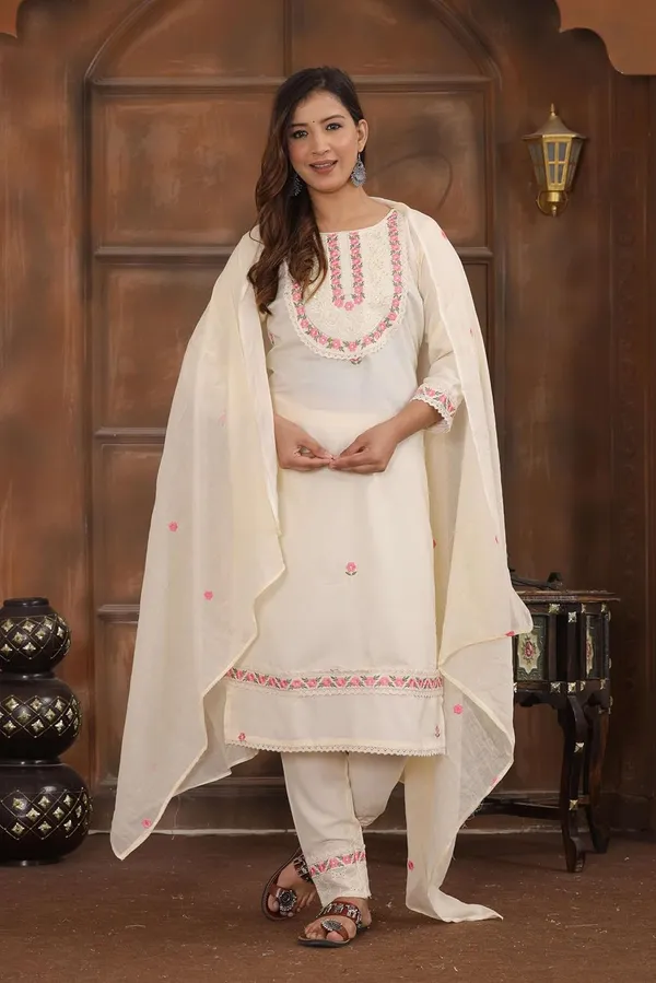 White_Cotton_Embroidered_Straight_Kurti_With_Pant_Dupatta_Set_For_Women