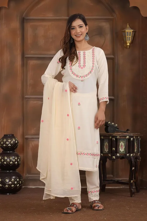 White_Cotton_Embroidered_Straight_Kurti_With_Pant_Dupatta_Set_For_Women