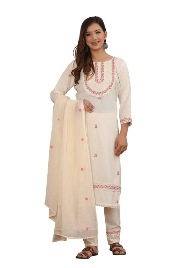 White_Cotton_Embroidered_Straight_Kurti_With_Pant_Dupatta_Set_For_Women