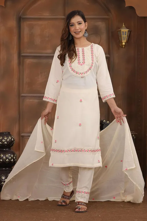 White_Cotton_Embroidered_Straight_Kurti_With_Pant_Dupatta_Set_For_Women