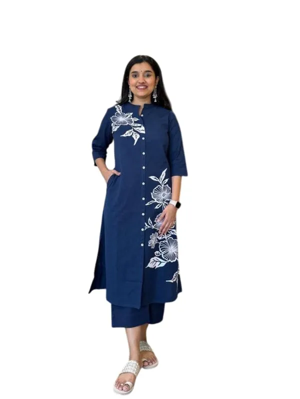 Blue_Cotton_Regular_Floral_Printed_Straight_Kurti_Set_With_Pant_For_Women