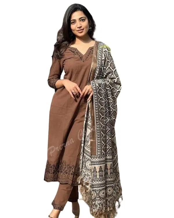Brown_Cotton_Embroidered_Straight_Kurti_With_Pant_Dupatta_Set_For_Women