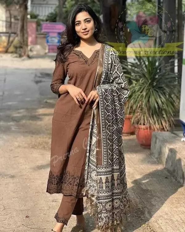 Brown_Cotton_Embroidered_Straight_Kurti_With_Pant_Dupatta_Set_For_Women