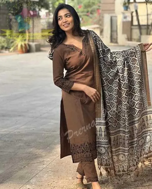 Brown_Cotton_Embroidered_Straight_Kurti_With_Pant_Dupatta_Set_For_Women