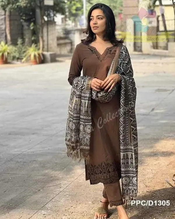 Brown_Cotton_Embroidered_Straight_Kurti_With_Pant_Dupatta_Set_For_Women