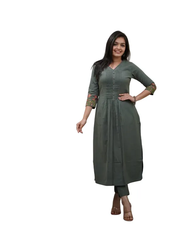 Army_Green_Cotton_Regular_Printed_Straight_Kurti_With_Pant_Dupatta_Set_For_Women
