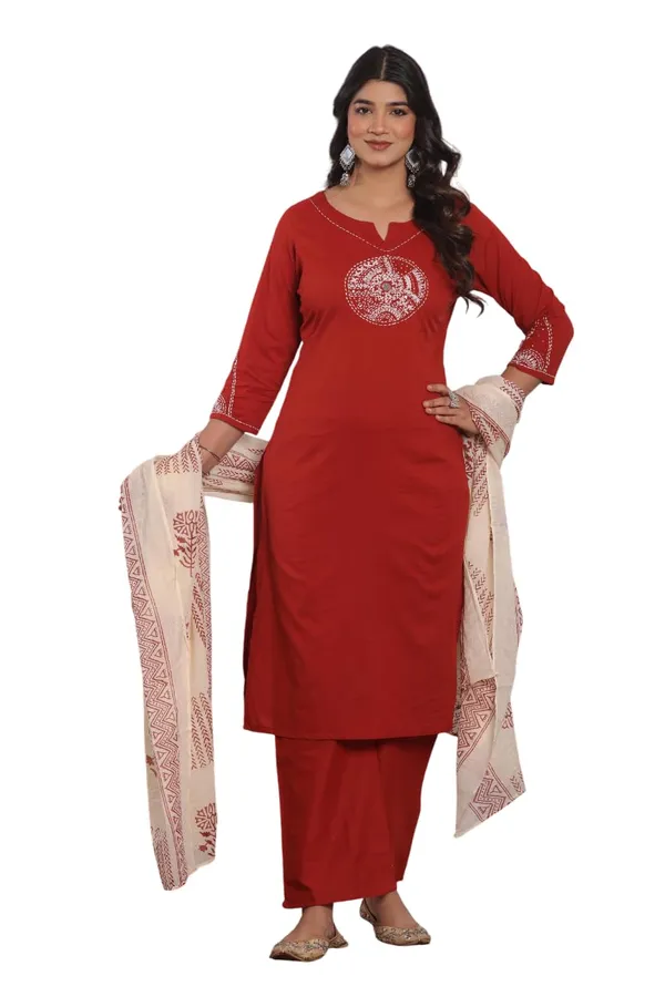 Red_Cotton_Regular_Embroidered_Straight_Kurti_With_Pant_Set_For_Women
