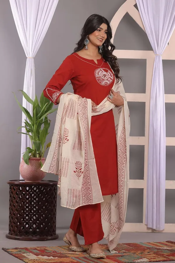 Red_Cotton_Regular_Embroidered_Straight_Kurti_With_Pant_Set_For_Women