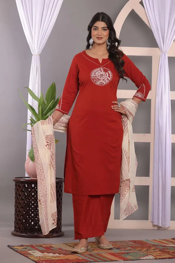 Red_Cotton_Regular_Embroidered_Straight_Kurti_With_Pant_Set_For_Women