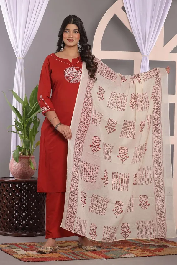 Red_Cotton_Regular_Embroidered_Straight_Kurti_With_Pant_Set_For_Women