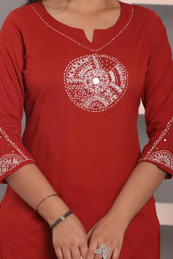 Red_Cotton_Regular_Embroidered_Straight_Kurti_With_Pant_Set_For_Women
