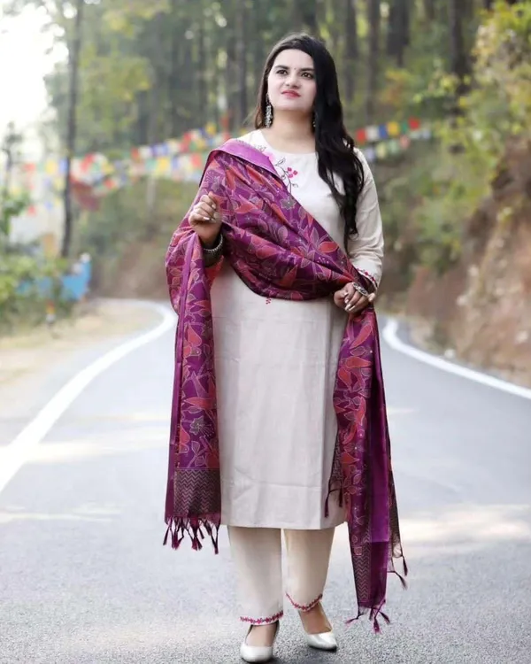 Beige_Cotton_Regular_Floral_Printed_Straight_Kurti_Pant_Set_For_Women