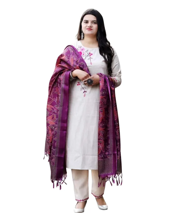 Beige_Cotton_Regular_Floral_Printed_Straight_Kurti_Pant_Set_For_Women