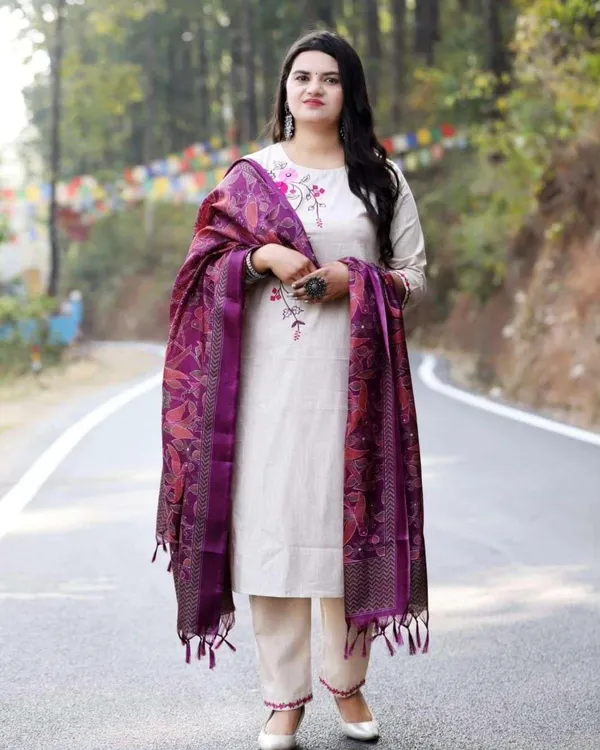 Beige_Cotton_Regular_Floral_Printed_Straight_Kurti_Pant_Set_For_Women