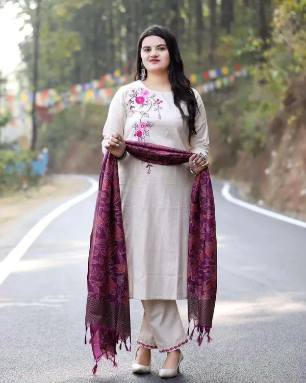 Beige_Cotton_Regular_Floral_Printed_Straight_Kurti_Pant_Set_For_Women