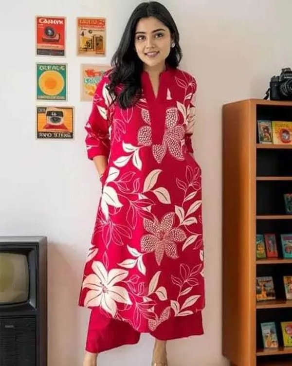 Pink_Cotton_Floral_Printed_Straight_Kurti_With_Pant_Set_For_Women