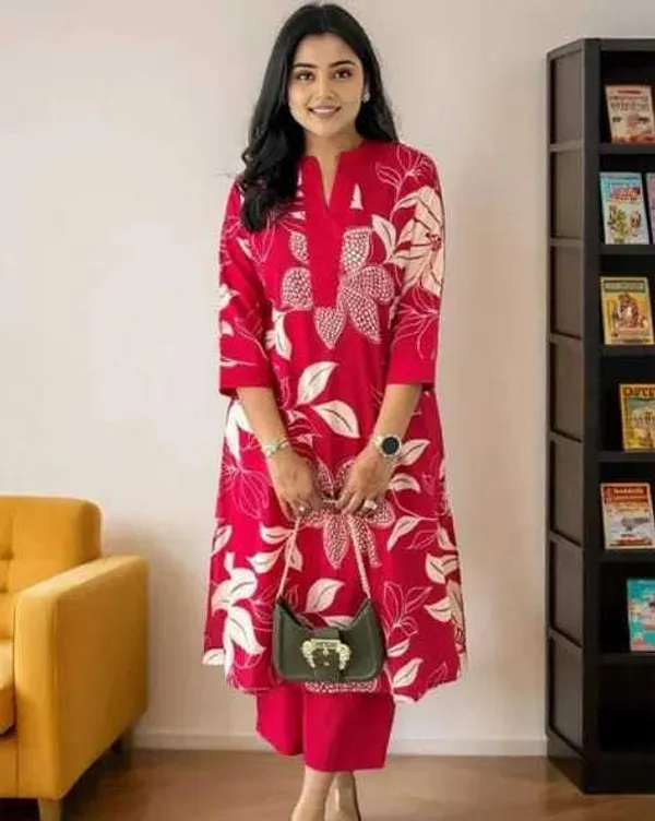 Pink_Cotton_Floral_Printed_Straight_Kurti_With_Pant_Set_For_Women