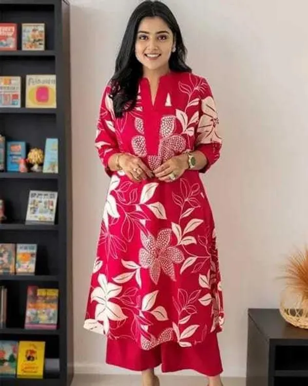 Pink_Cotton_Floral_Printed_Straight_Kurti_With_Pant_Set_For_Women