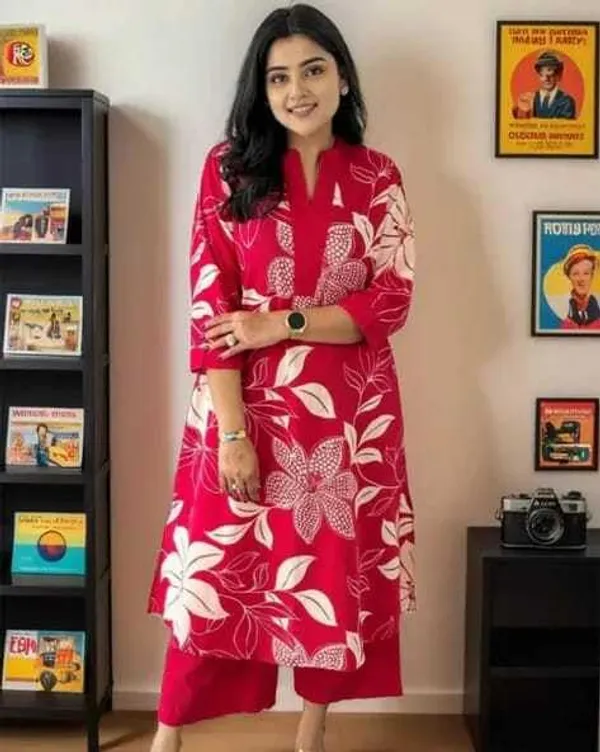 Pink_Cotton_Floral_Printed_Straight_Kurti_With_Pant_Set_For_Women
