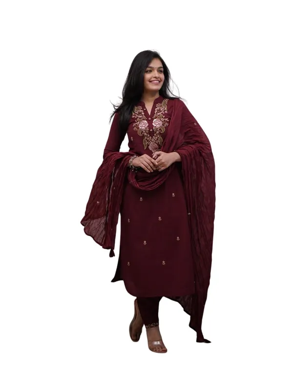 Maroon_Cotton_Regular_Embroidered_Straight_Kurti_Set_With_Pant_Dupatta_For_Women