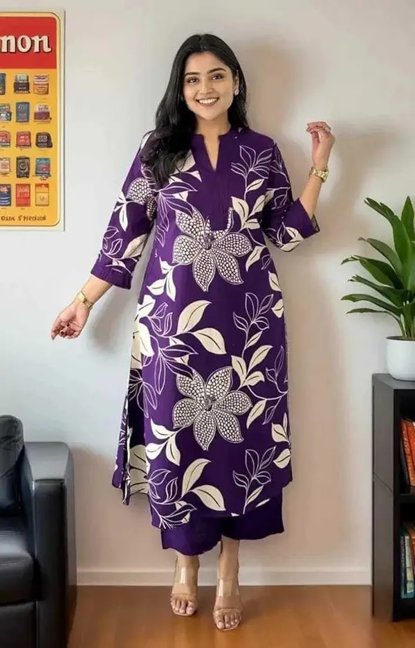 Purple_Cotton_Regular_Floral_Printed_Straight_Kurti_With_Pant_Set_For_Women