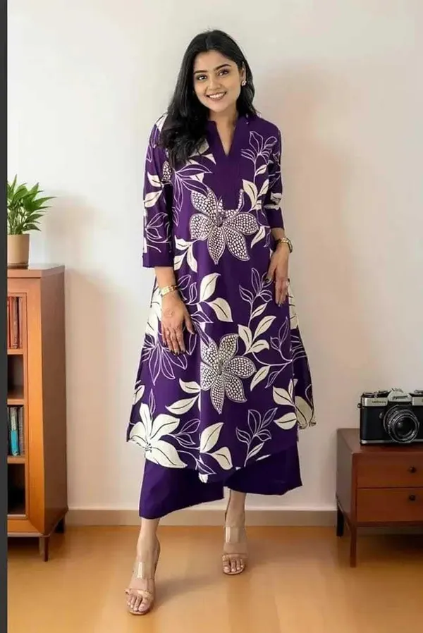 Purple_Cotton_Regular_Floral_Printed_Straight_Kurti_With_Pant_Set_For_Women