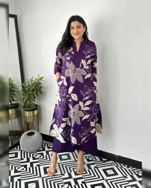 Purple_Cotton_Regular_Floral_Printed_Straight_Kurti_With_Pant_Set_For_Women