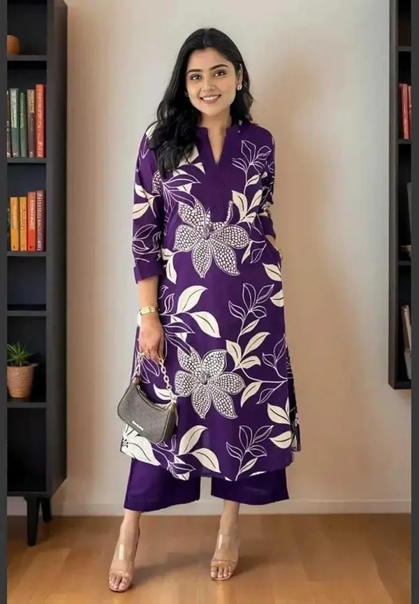 Purple_Cotton_Regular_Floral_Printed_Straight_Kurti_With_Pant_Set_For_Women