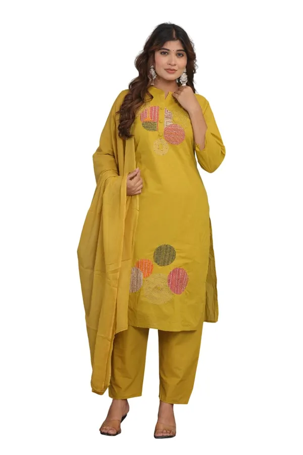 Yellow_Cotton_Regular_Embroidered_Straight_Kurti_Set_With_Pant_Dupatta_For_Women